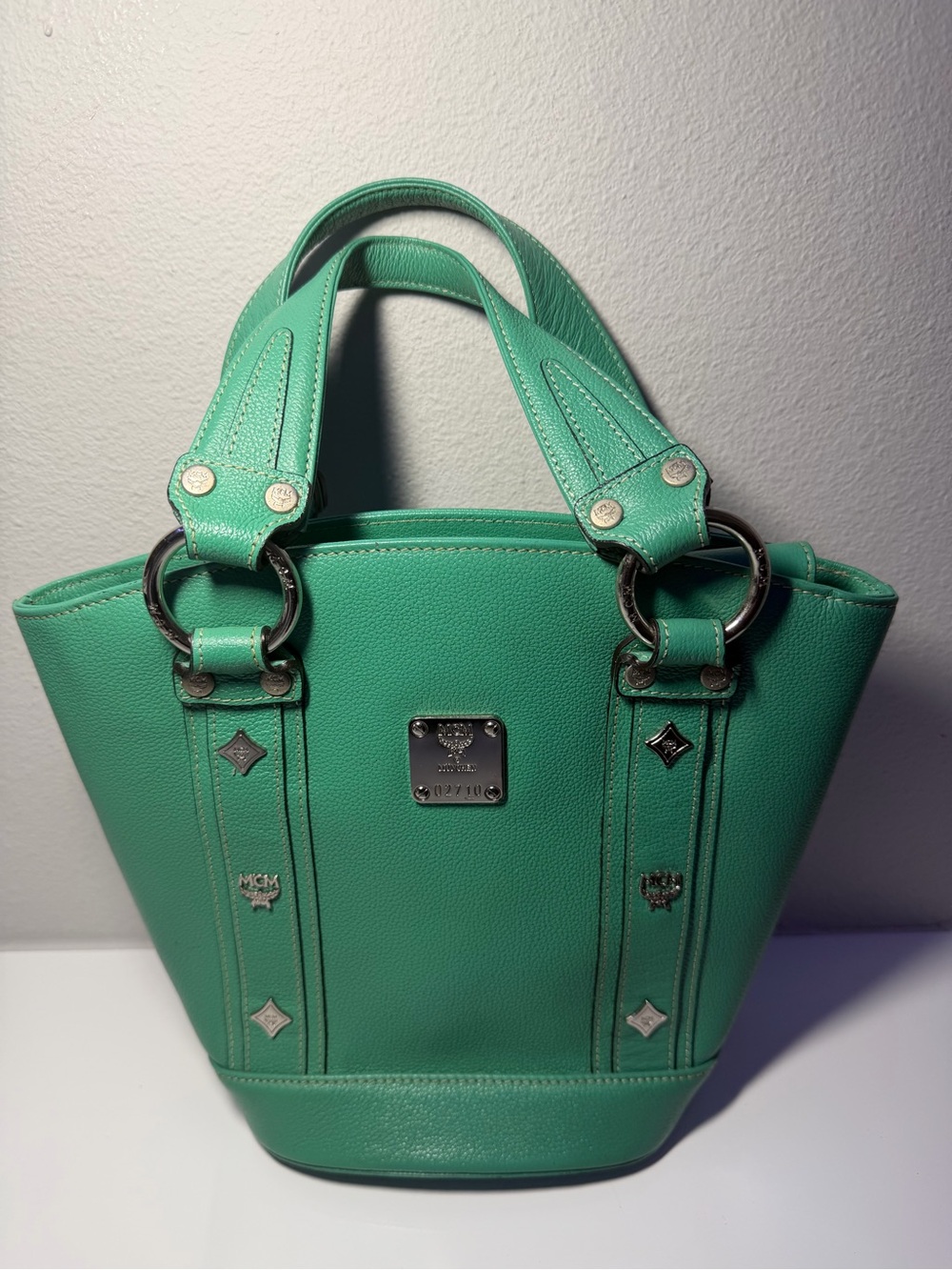 MCM Teal Green Leather Top-Handle Tote with COA